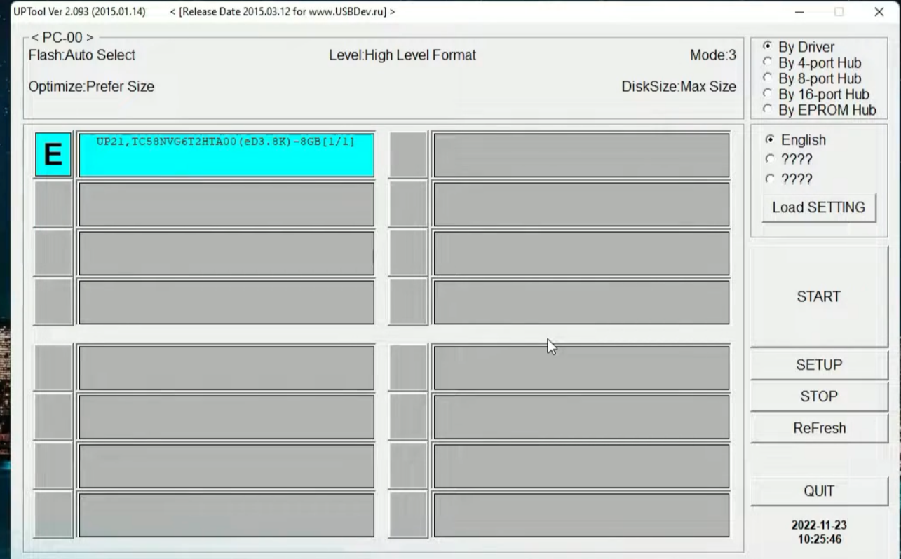 Herramienta MPTool reparando el firmware de una memoria USB Phison