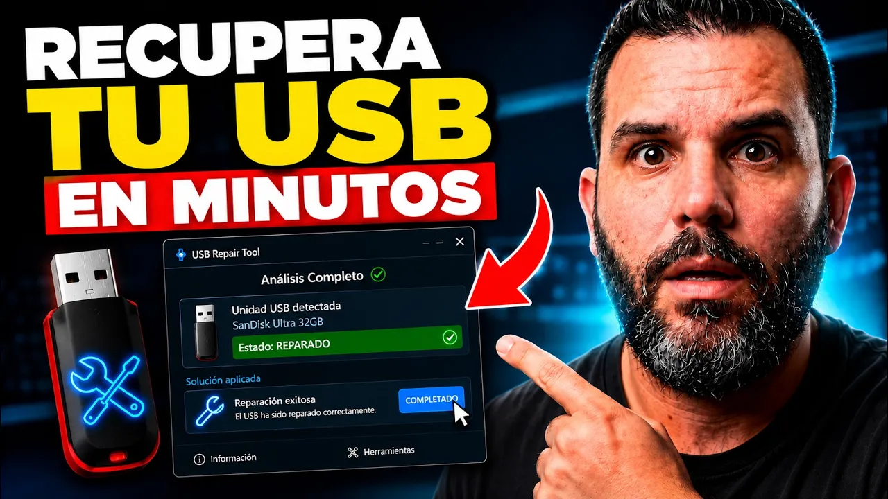 Herramienta de reparación mostrando una USB reparada